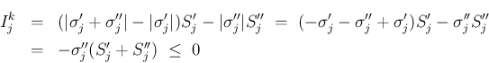 \begin{eqnarray*}I^k_j
&=&
(\vert\sigma'_j+\sigma''_j\vert - \vert\sigma'_j\v...
...'_j - \sigma''_jS''_j
\ &=&
-\sigma''_j(S'_j+S''_j)
 \leq 0\end{eqnarray*}