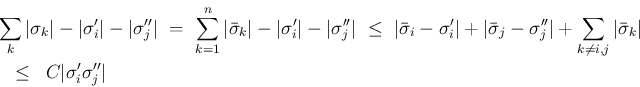 \begin{eqnarray*}\lefteqn{\sum_k \vert\sigma_k\vert - \vert\sigma'_i\vert - \ver...
...t\bar{\sigma}_k\vert}
\ &\leq &
C\vert\sigma'_i\sigma''_j\vert\end{eqnarray*}