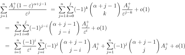 \begin{eqnarray*}\lefteqn{\sum_{j=1}^n\frac{A^{+}_j(1-\varepsilon )^{\alpha+j-1}...
... \!\!\alpha+j-1\!\! \\ \!\!j\!\! \end{array}\right)A^{+}_j
+o(1)\end{eqnarray*}