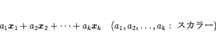 \begin{displaymath}
a_1\mbox{\boldmath$x$}_1+a_2\mbox{\boldmath$x$}_2+\cdots+a_...
...ath$x$}_k
\hspace{1zw}(a_1,a_2,\ldots,a_k: \mbox{ 顼})
\end{displaymath}