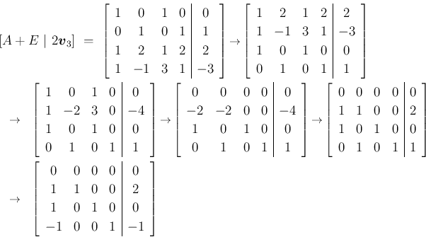 \begin{eqnarray*}\lefteqn{[A+E\ \vert\ 2\mbox{\boldmath$v$}_3]
\ =\
\left[\be...
...0&0&0&0&0\\ 1&1&0&0&2\\ 1&0&1&0&0\\ -1&0&0&1&-1\end{array}\right]\end{eqnarray*}