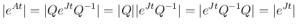 $\displaystyle \vert e^{At}\vert=\vert Qe^{Jt}Q^{-1}\vert=\vert Q\vert\vert e^{Jt}Q^{-1}\vert=\vert e^{Jt}Q^{-1}Q\vert=\vert e^{Jt}\vert
$