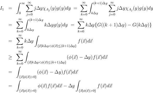 \begin{eqnarray*}I_1
&=&
\int_0^\infty\sum_{j=0}^{\infty}j\Delta y\chi_{A_j}(y...
...lta y\int_{\{\vec{x}\vert\phi(\vec{x})>0\}}
f(\vec{x})d\vec{x}
\end{eqnarray*}