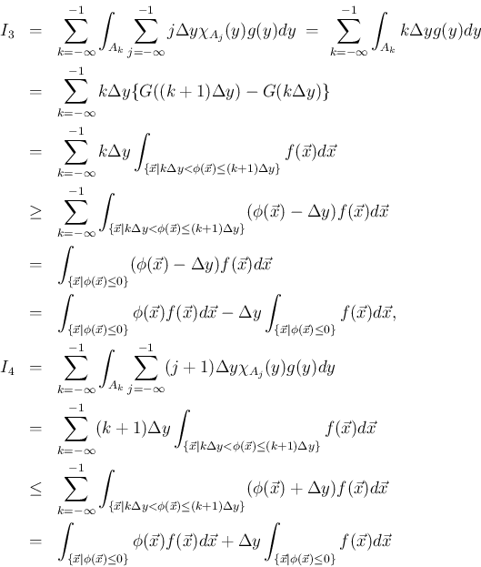 \begin{eqnarray*}I_3
&=&
\sum_{k=-\infty}^{-1}\int_{A_k}\sum_{j=-\infty}^{-1}
...
...a y\int_{\{\vec{x}\vert\phi(\vec{x})\leq 0\}}f(\vec{x})d\vec{x}
\end{eqnarray*}