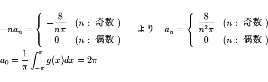 \begin{eqnarray*}
&& -na_n =
\left\{\begin{array}{cl}
\displaystyle -\frac{8...
...\right.\\
&& a_0 = \frac{1}{\pi}\int_{-\pi}^\pi g(x)dx = 2\pi
\end{eqnarray*}