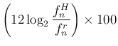 $\displaystyle \left(12\log_2 \frac{f^H_n}{f^r_n}\right)\times 100
$