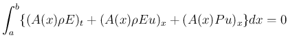 $\displaystyle \int_a^b \{(A(x)\rho E)_t
+(A(x)\rho Eu)_x+(A(x)Pu)_x\}dx = 0
$