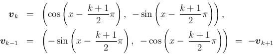 \begin{eqnarray*}\mbox{\boldmath {$v$}}_{k}
&=&
\left(\cos\left(x-\,\frac{k+1}...
...ac{k+1}{2}\pi\right)\right)
\ =\
-\mbox{\boldmath {$v$}}_{k+1}\end{eqnarray*}