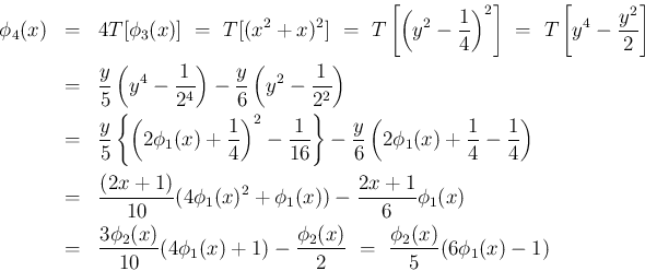 \begin{eqnarray*}\phi_4(x)
&=&
4T[\phi_3(x)]
\ =\
T[(x^2+x)^2]
\ =\
T\l...
...+1)-\frac{\phi_2(x)}{2}
\ =\
\frac{\phi_2(x)}{5}(6\phi_1(x)-1)\end{eqnarray*}