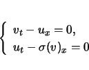 \begin{displaymath}
\left\{\begin{array}{l}
v_t-u_x=0,\\
u_t-\sigma(v)_x=0
\end{array}\right. \end{displaymath}