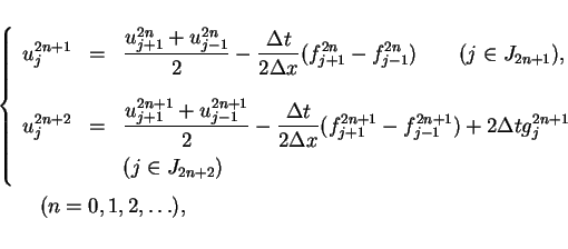 \begin{displaymath}
\begin{array}{l}
\left\{\begin{array}{lll}
u^{2n+1}_j & =...
...nd{array}\right.\\
\hspace{2em}(n=0,1,2,\ldots),
\end{array}\end{displaymath}