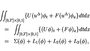 \begin{eqnarray*}
\lefteqn{ \int\hspace{-6pt}\int _{[0,T]\times[0,1]}\{U(u^\Del...
...)_x\}dtdx \\
& = & \Sigma(\phi)+L_1(\phi)+L_2(\phi)+L_3(\phi),
\end{eqnarray*}