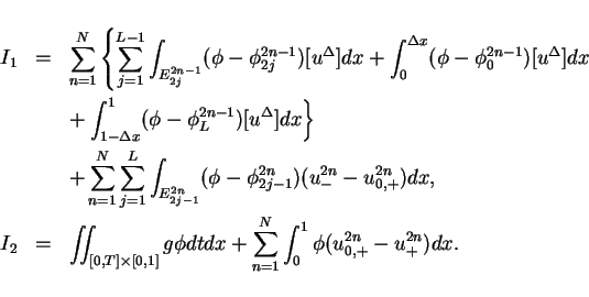 \begin{eqnarray*}
I_1 & = & \sum_{n=1}^N \left\{
\sum_{j=1}^{L-1}\int_{E_{2j}^...
... dtdx
+ \sum_{n=1}^N \int_0^1 \phi(u^{2n}_{0,+}-u^{2n}_{+})dx.
\end{eqnarray*}