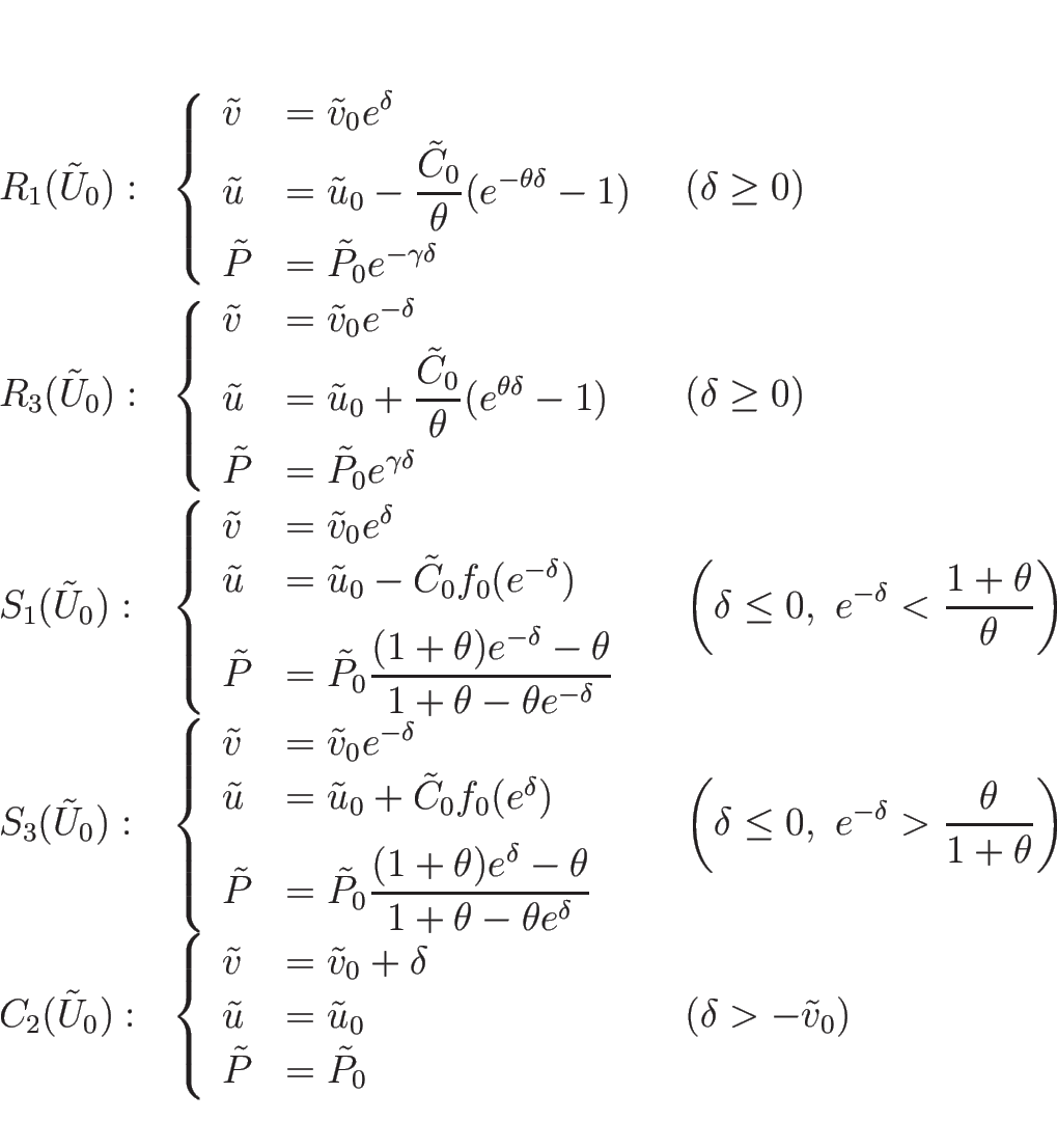 \begin{displaymath}
\begin{array}{lll}
R_1(\tilde{U}_0): &
\left\{\begin{array...
...de{P}_0
\end{array}\right. & (\delta>-\tilde{v}_0)
\end{array}\end{displaymath}