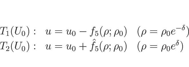 \begin{displaymath}
\begin{array}{lll}
T_1(U_0): & u=u_0-f_5(\rho;\rho_0) & (\r...
...=u_0+\hat{f}_5(\rho;\rho_0) & (\rho=\rho_0e^\delta)
\end{array}\end{displaymath}