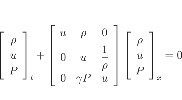 \begin{displaymath}
\left[\begin{array}{c}\rho\\ u\\ P\end{array}\right]_t
+\l...
...ht]
\left[\begin{array}{c}\rho\\ u\\ P\end{array}\right]_x
=0\end{displaymath}