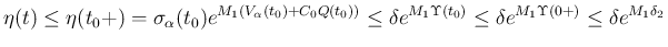 $\displaystyle
\eta(t)
\leq \eta(t_0+)
= \sigma_\alpha(t_0)e^{M_1(V_\alpha(t_...
...M_1\Upsilon(t_0)}
\leq \delta e^{M_1\Upsilon(0+)}
\leq \delta e^{M_1\delta_2}$