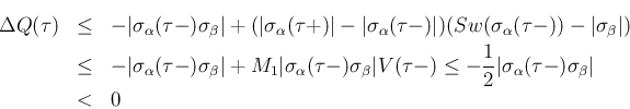 \begin{eqnarray*}\Delta Q(\tau)
&\leq &
- \vert\sigma_\alpha(\tau-)\sigma_\bet...
...\frac{1}{2} \vert\sigma_\alpha(\tau-)\sigma_\beta\vert
\ &<&
0\end{eqnarray*}