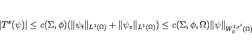 \begin{displaymath}
\vert T^\varepsilon (\psi)\vert
\leq c(\Sigma,\phi)(\Vert\ps...
...\leq c(\Sigma,\phi,\Omega)\Vert\psi\Vert _{W_0^{1,r'}(\Omega)}
\end{displaymath}