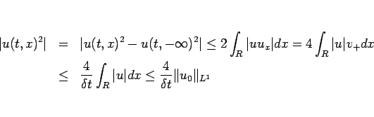 \begin{eqnarray*}\vert u(t,x)^2\vert
&=&
\vert u(t,x)^2-u(t,-\infty)^2\vert
\...
...nt_R\vert u\vert dx
\leq \frac{4}{\delta t}\Vert u_0\Vert _{L^1}\end{eqnarray*}