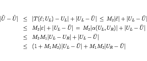 \begin{eqnarray*}\vert\tilde{U}-\hat{U}\vert
&\leq&
\vert T(\tilde{\varepsilon...
...&
(1+M_1M_2)\vert U_L-\bar{U}\vert+M_1M_2\vert U_R-\bar{U}\vert \end{eqnarray*}