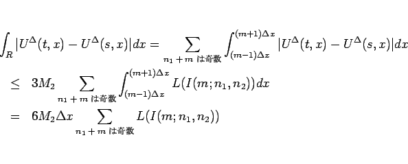 \begin{eqnarray*}\lefteqn{\int_R\vert U^\Delta(t,x)-U^\Delta(s,x)\vert dx
=
\s...
...2\Delta x \sum_{\mbox{\scriptsize$n_1+m$ ϴ}}L(I(m;n_1,n_2))\end{eqnarray*}