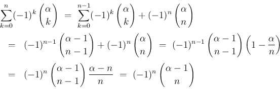 \begin{eqnarray*}\lefteqn{\sum_{k=0}^n(-1)^k\left(\begin{array}{c}
\!\!\alpha\!...
...gin{array}{c}
\!\!\alpha-1\!\! \\ \!\!n\!\! \end{array}\right)
\end{eqnarray*}