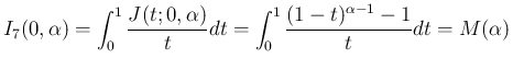 $\displaystyle I_7(0,\alpha)
=\int_0^1 \frac{J(t;0,\alpha)}{t}dt
=\int_0^1 \frac{(1-t)^{\alpha-1}-1}{t}dt = M(\alpha)
$