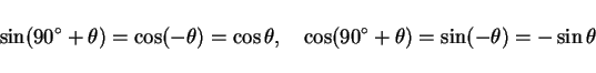 \begin{displaymath}
\sin (90^\circ+\theta) = \cos(-\theta) = \cos\theta,\hspace{1zw}
\cos (90^\circ+\theta) = \sin(-\theta) = -\sin\theta
\end{displaymath}