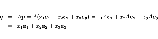 \begin{eqnarray*}\mbox{\boldmath$q$} & = & A\mbox{\boldmath$p$} = A(x_1\mbox{\bo...
...\boldmath$a_1$}+x_2\mbox{\boldmath$a_2$}+x_3\mbox{\boldmath$a_3$}\end{eqnarray*}