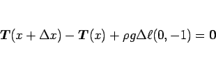 \begin{displaymath}
\mbox{\boldmath$T$}(x+\Delta x)-\mbox{\boldmath$T$}(x)+\rho g\Delta\ell(0,-1)=\mbox{\boldmath$0$}\end{displaymath}