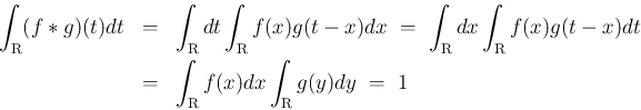 \begin{eqnarray*}\int_{\mbox{\boldmath\scriptsize R}}(f\ast g)(t)dt
&=&
\int_...
...ize R}}f(x)dx\int_{\mbox{\boldmath\scriptsize R}}g(y)dy
\ =\
1\end{eqnarray*}