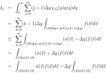 \begin{eqnarray*}I_2
&=&
\int_0^\infty\sum_{j=0}^{\infty}(j+1)\Delta y\chi_{A_...
...lta y\int_{\{\vec{x}\vert\phi(\vec{x})>0\}}
f(\vec{x})d\vec{x}
\end{eqnarray*}