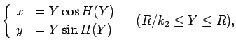 $\displaystyle \left\{\begin{array}{ll}
x &= Y\cos H(Y)\\
y &= Y\sin H(Y)\\
\end{array}\right. \hspace{1zw}(R/k_2\leq Y\leq R),$