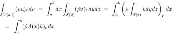 \begin{eqnarray*}\lefteqn{\int_{V(a,b)}(\rho u)_t\,dv
\ =\ \int_a^b dx\int_{S(x...
...ydz\right)_t\,dx}
\\ &=&
\int_a^b (\hat{\rho}A(x)\bar{u})_t\,dx\end{eqnarray*}