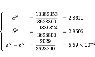 \begin{displaymath}
\left\{\begin{array}{cll}
\bar{a^N} & = \displaystyle \frac...
...le \frac{2029}{3628800} &= 5.59\times 10^{-4}\end{array}\right.\end{displaymath}