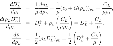 \begin{eqnarray*}\frac{d D_L^{+}}{d\rho_L}
&=&
\frac{1}{\mu}\frac{d u_L}{d\rh...
...+})_{\rho_L}
=
\frac{1}{2}\left(D_L^{+} +\frac{C_L}{\mu}\right)\end{eqnarray*}