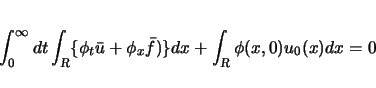 \begin{displaymath}
\int_0^\infty dt\int_{\mbox{\scriptsize\sl R}}\{\phi_t\bar{u...
...{f})\}dx
+ \int_{\mbox{\scriptsize\sl R}}\phi(x,0)u_0(x)dx
=0
\end{displaymath}