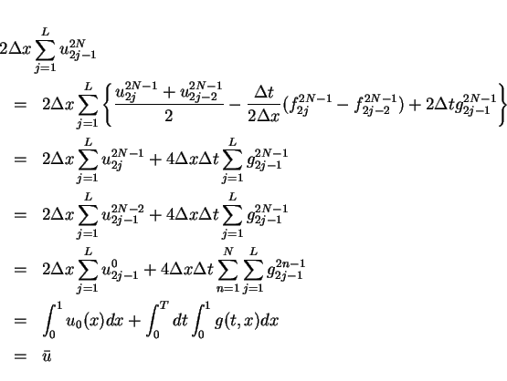 \begin{eqnarray*}
\lefteqn{2\Delta x\sum_{j=1}^L u^{2N}_{2j-1}} \\
& = & 2\De...
...t_0^1 u_0(x)dx + \int_0^T dt\int_0^1 g(t,x)dx \\
& = & \bar{u}
\end{eqnarray*}