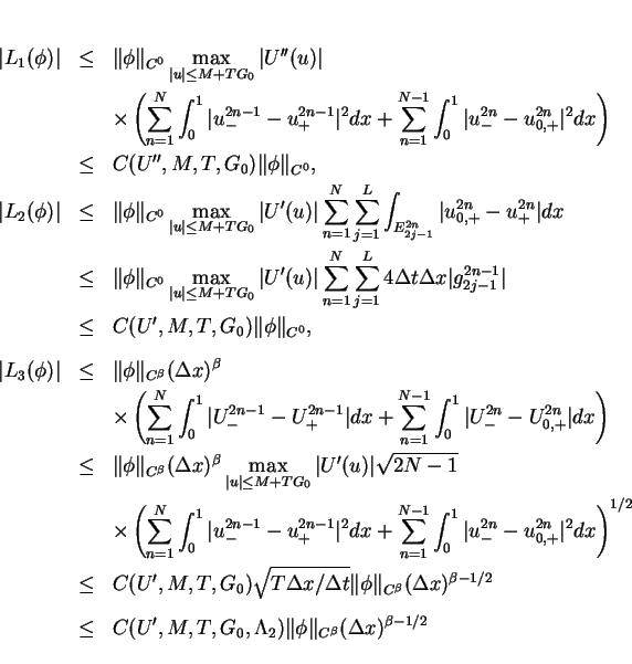 \begin{eqnarray*}
\vert L_1(\phi)\vert & \leq & \Vert\phi\Vert _{C^0}\max_{\ver...
...T,G_0,\Lambda_2) \Vert\phi\Vert _{C^\beta}(\Delta x)^{\beta-1/2}
\end{eqnarray*}