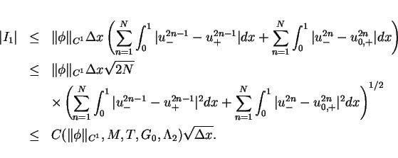 \begin{eqnarray*}
\vert I_1\vert & \leq & \Vert\phi\Vert _{C^1}\Delta x
\left(...
...leq & C(\Vert\phi\Vert _{C^1},M,T,G_0,\Lambda_2)\sqrt{\Delta x}.
\end{eqnarray*}