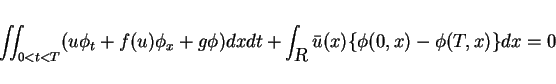 \begin{displaymath}
\displaystyle \int\hspace{-6pt}\int _{0<t<T} (u\phi_t + f(u...
...+ \int_{{\mbox{\sl R}}} \bar{u}(x)\{\phi(0,x)-\phi(T,x)\}dx = 0\end{displaymath}