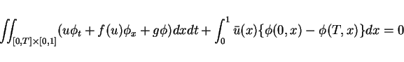 \begin{displaymath}
\displaystyle \int\hspace{-6pt}\int _{[0,T]\times[0,1]} (u\...
...\phi) dxdt
+ \int_0^1 \bar{u}(x)\{\phi(0,x)-\phi(T,x)\}dx = 0\end{displaymath}