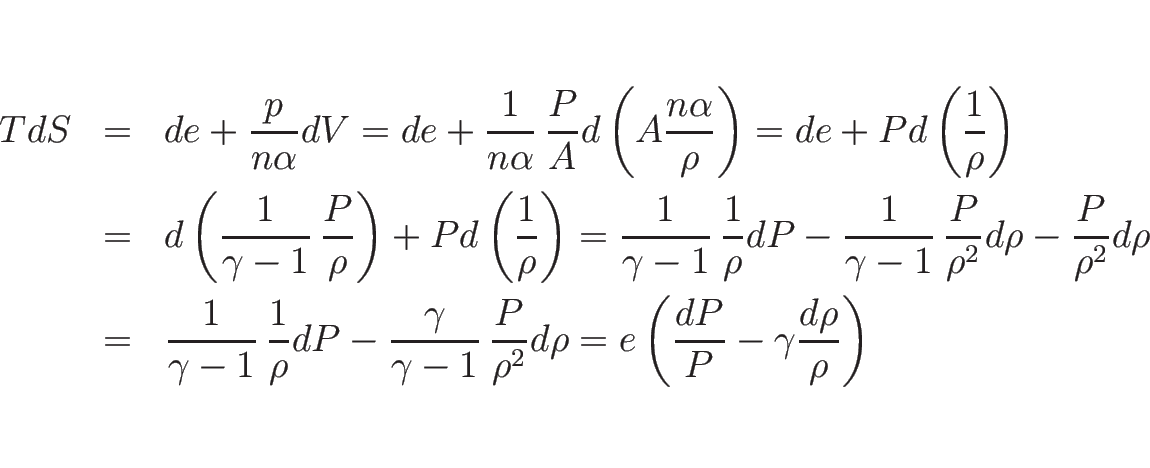 \begin{eqnarray*}TdS
&=&
de+\frac{p}{n\alpha}dV
=
de+\frac{1}{n\alpha}\,\fra...
...o^2}d\rho
=
e\left(\frac{dP}{P}-\gamma\frac{d\rho}{\rho}\right)\end{eqnarray*}