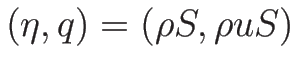 $(\eta,q)=(\rho S,\rho uS)$