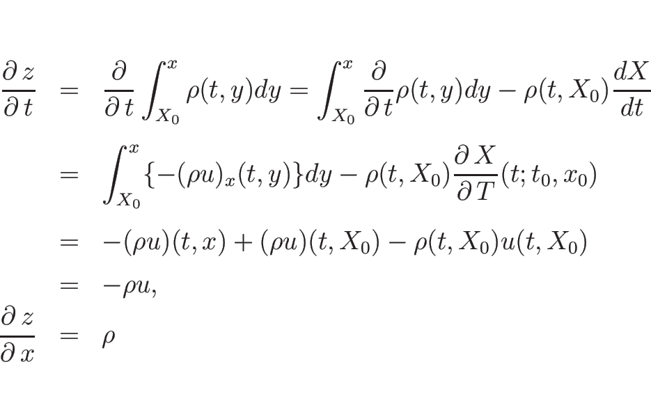 \begin{eqnarray*}\frac{\partial\, z}{\partial\, t}
&=&
\frac{\partial}{\partia...
...
\\ &=&
-\rho u,\\
\frac{\partial\, z}{\partial\, x} &=& \rho\end{eqnarray*}