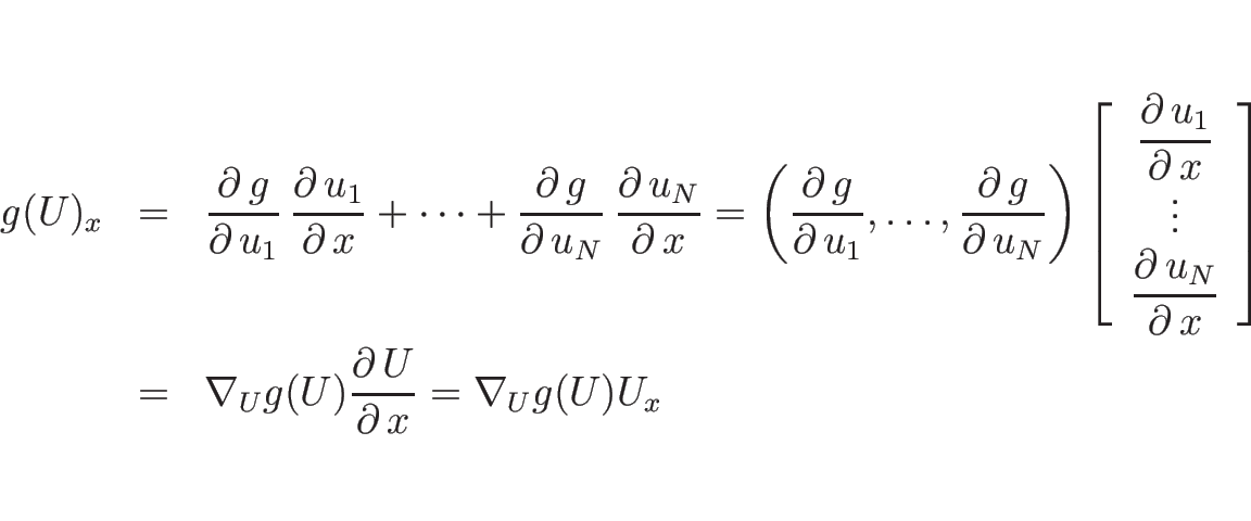 \begin{eqnarray*}g(U)_x
&=&
\frac{\partial\, g}{\partial\, u_1}\,\frac{\parti...
...abla_U g(U) \frac{\partial\, U}{\partial\, x} = \nabla_U g(U) U_x\end{eqnarray*}