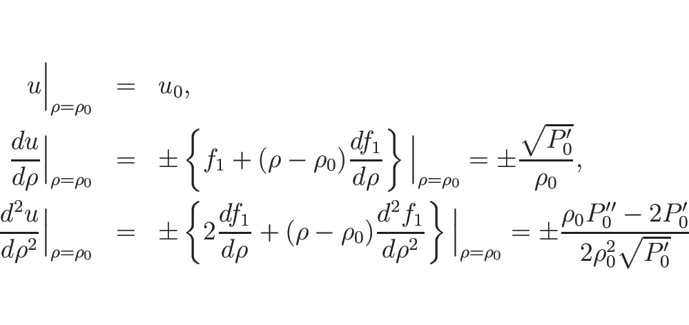 \begin{eqnarray*}u\Big\vert _{\rho=\rho_0}
&=&
u_0,\\
\frac{d u}{d \rho}\Bi...
...{\rho=\rho_0}
=\pm\frac{\rho_0P''_0-2P'_0}{2\rho_0^2\sqrt{P'_0}}\end{eqnarray*}